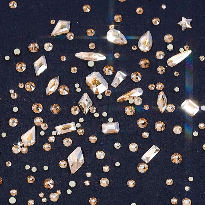 HNUIX Nail Rhinestones - 4550pcs Champagne Gold, Multiple Shape Gems, Flatback Crystal Rhinestones, with Kit and Glue Gel, for Nail Art