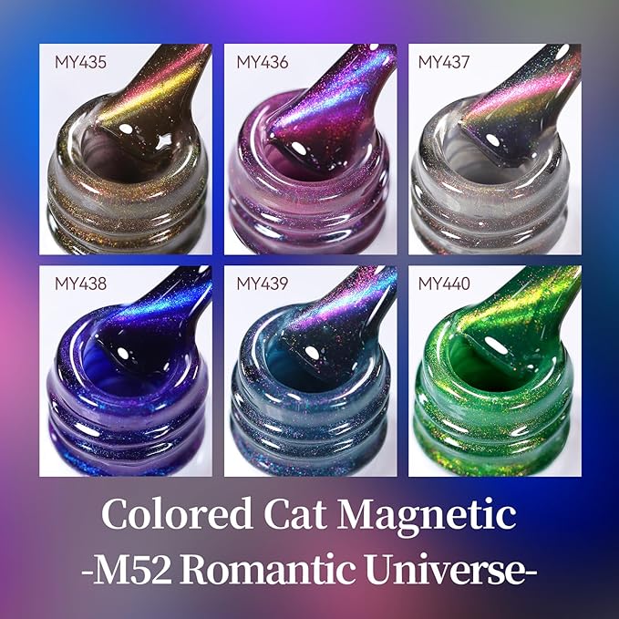 Born Pretty Cat Magnetic Eye Gel Nail Polish Set,Glitter Blue Pink Green Purple Holographic Magnetic Gel Polish Shimmer Auroras Gel Polish for Salon Manicure DIY 6PCS 7ML