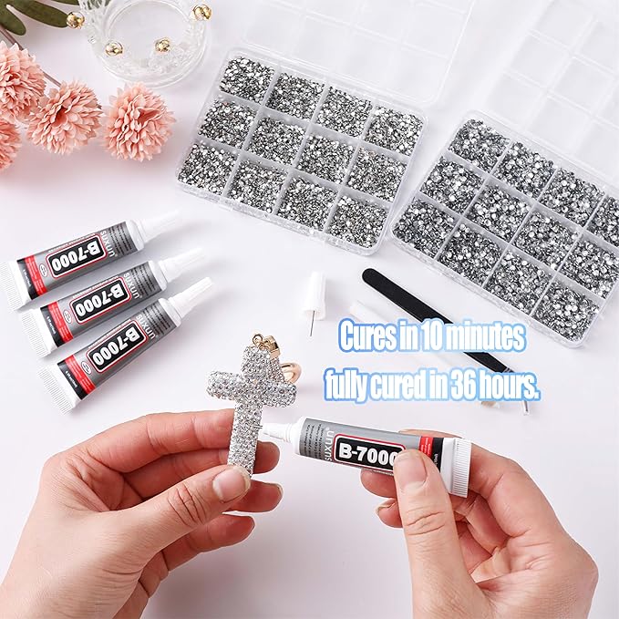 38000Pcs Bedazzling Kit with Rhinestones, Silver Clear Flatback Gems for Diamonds Art, 4 Boxes Bedazzler Kit Tweezers, Wax Pen & 4×10ml B7000 Jewelry Glue for Nail Art, Clothing, Crafts