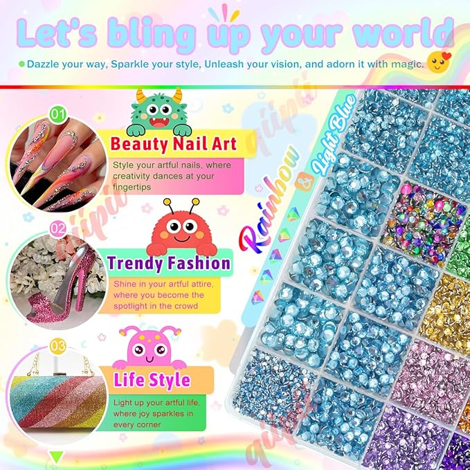 28 Grids Light Blue 2mm-6mm Resin Rhinestones w B7000 Glue for Bedazzling Crafting Colorful Flatback Stones Diamonds Crystals Gems Bedazzler Kit for Nails Face Eyes Makeup Tumblers DIY Crafts