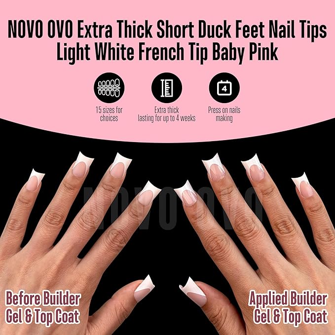 NOVO OVO Extra Thick Duck Nails Short with Moon Curve Light White French Tips BABY PINK Full Cover for Press on Acrylic, Flare Wide French Soft Gel Fake False Nail Extension x 15 Sizes 240 pcs