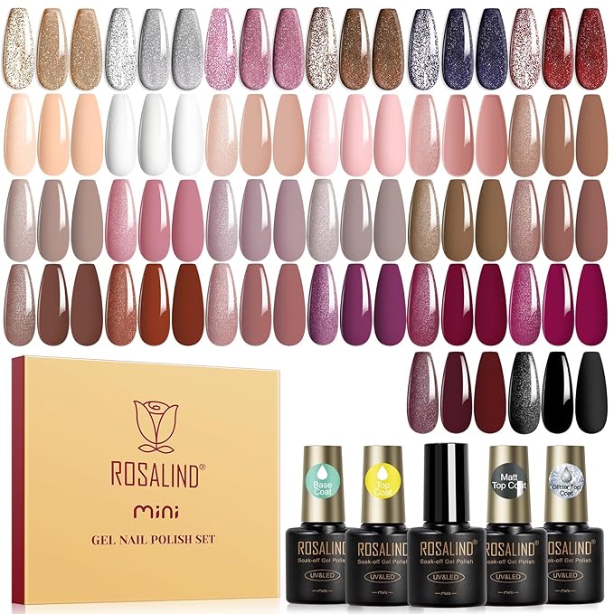 ROSALIND 30pcs Gel Polish Nail Set with Base Gel Top Coat (Glossy Matte and Glitter), 20 Fall Winter Colors Gel Nail Polish 6pcs Reflective Glitter Effect Nail art for Women