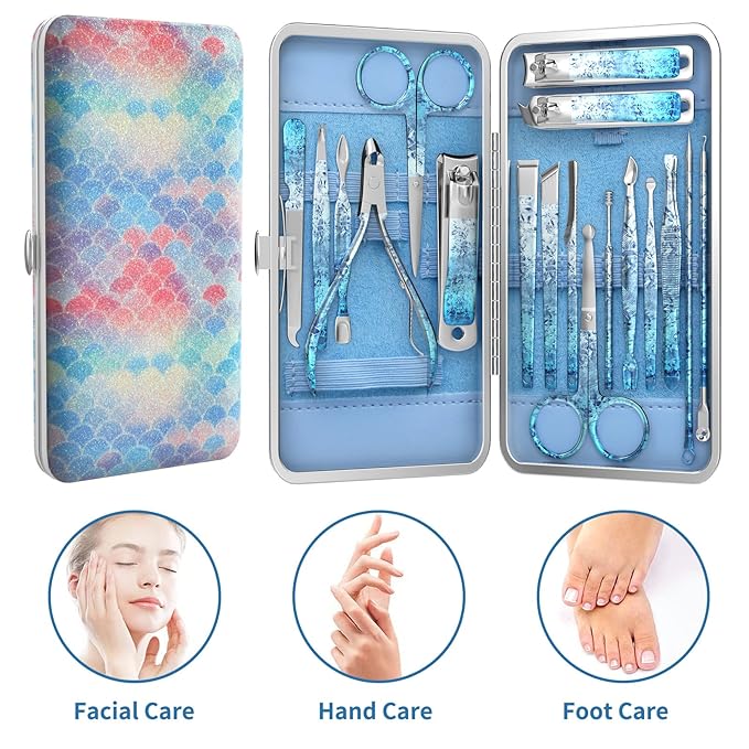 Nail Clippers Set Fingernail and Toenail Clipper Cutters, Professional Manicure Pedicure Kit 18Pcs, Nail Care Grooming Tools with Luxurious Travel Case (Diamond Blue)