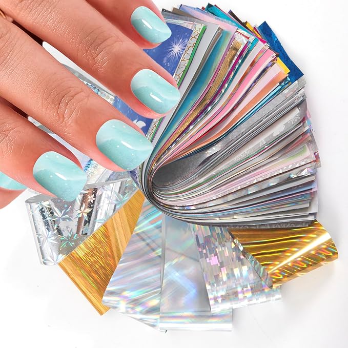 JERCLITY 300 Sheets Nail Foil Transfer Stickers Set Aurora Iridescence Gradient Nail Foils Transfer Nail Art Laser Solid Color Design Foil Sheets for Women Girls