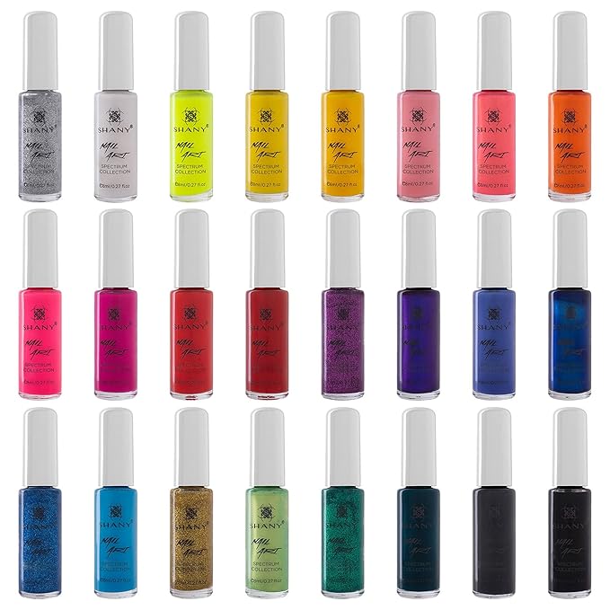 SHANY Nail Art Set Nail Polish - Glitter, Metallic, Pearls, Neon and Matte Nail Polish Nail Art Drawing Decoration Set With Built-in Thin Nail Art Brush - 24 Spectrum Colors
