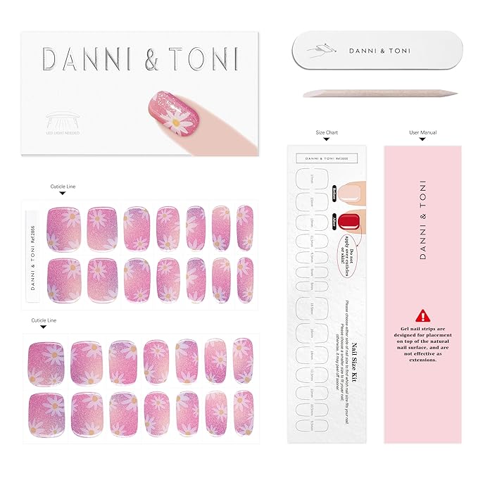 DANNI & TONI Semi Cured Gel Nail Strips Daisy Pink Holographic Gradient Gel Nail Wraps 28 Stickers | Aurora Bloom