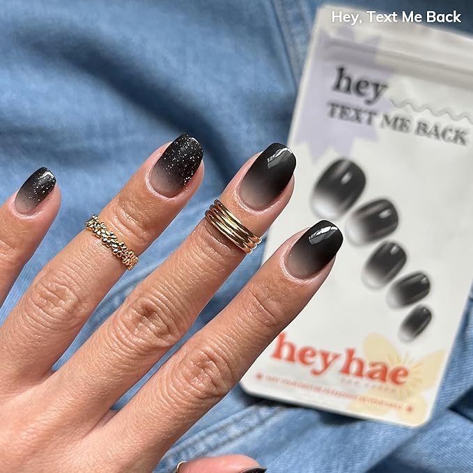 Heyhae Semi Cured Gel Nail Strips | No LED Lamp Needed | Ombre, Black | Easy Apply & Remove, Salon Quality | Includes 28 Strips, 1 Prep Pads, Nail File & Wooden Stick - Hey, Text Me Back