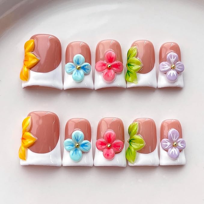 Luxury Press on Nails Short Duck Handmade 3D Unique Reusable ABS Material Fake Nails White French Tip False Nails with Designs Colorful Flower Glossy Glue on Nail Thick Acrylic Nail(S)
