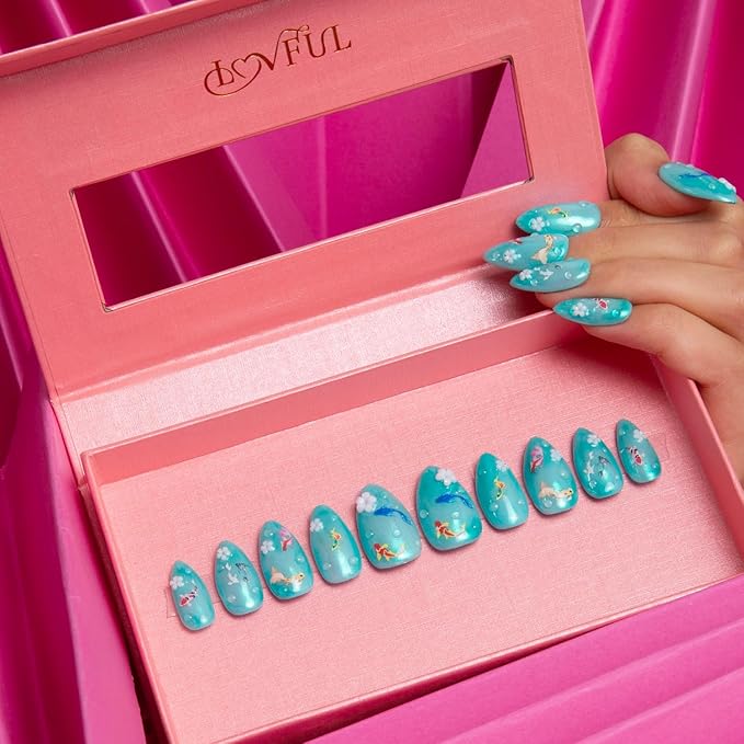 LOVFUL Press on Nails Wishing Fountain | Handmade with Full Covered Crystals | Reusable Fake Nails | Almond Regular 1.0 in | H307-S