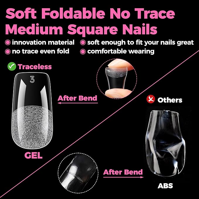 UNA GELLA Square Gel Nail Tips 15 Sizes Medium Square Press on Nails Pre Etched 300pcs Soft Gel Fake Nails Full Cover For Nail Extension Home DIY Nail Salon for Women