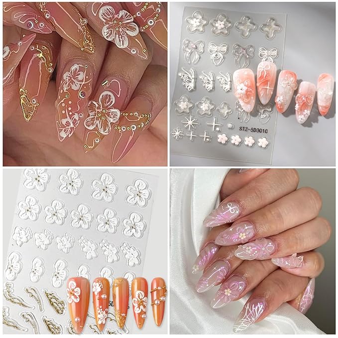 Flower Nail Art Stickers 5D Embossed Nail Decals Spring Summer Colorful Flower Nails Design Self-Adhesive 3D Accessories for Women Nails DIY Decoration(6 Sheets)