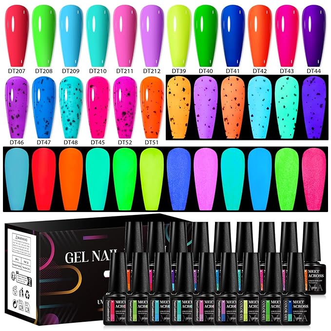 MEET ACROSS 18 Colors Glow in the Dark Gel Nail Polish, Halloween Neon Luminous Gel Polish Set Purple Blue Orange Glow Effect Eggshell Gel for DIY Nail Art Salon