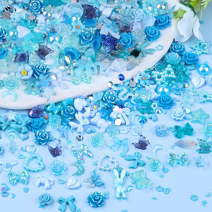100 Pieces 3D Resin Butterfly Bear Nail Charms Rose Flower Peach Skirt Bow Deer Snake Rabbit Animal Shaped Nail Art Rhinestones Pearls for DIY Nail Art Decoration Making Craft (Blue)