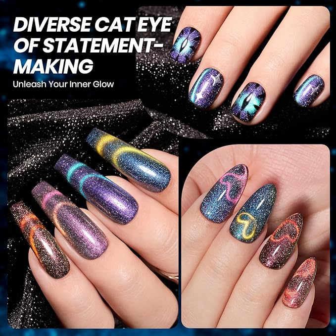 Beetles Cat Eye Gel Nail Polish Set - 6 Colors Chameleon Cat Eye Black Glitter Blue Pueple Pink Red Gel Polish with Magnet Soak Off UV Velvet Gel Galaxy Glitter Collection Salon Gift for Women