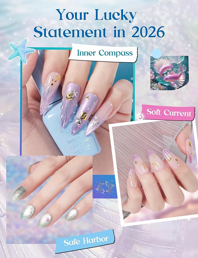 Beetles Pisces Fantasy Lucky Box, Pisces Zodiac Gel Nail Polish Kit Blue Purple Green Pink Colors, All-in-One Nail Art Set with Tools, Necklace Badge, Salon DIY Zodiac Gift for Women