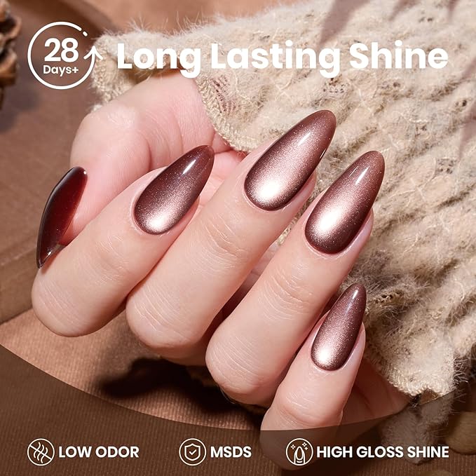 Beetles Brown Cat Eye Gel Nail Polish - Cinnamon Girl Cat Eye Gel Polish, 15ML Glitter Brown Magnetic Fall Gel Polish Jelly Sheer Translucent Effect Soak Off UV French Nail Art Manicure Gift for Women
