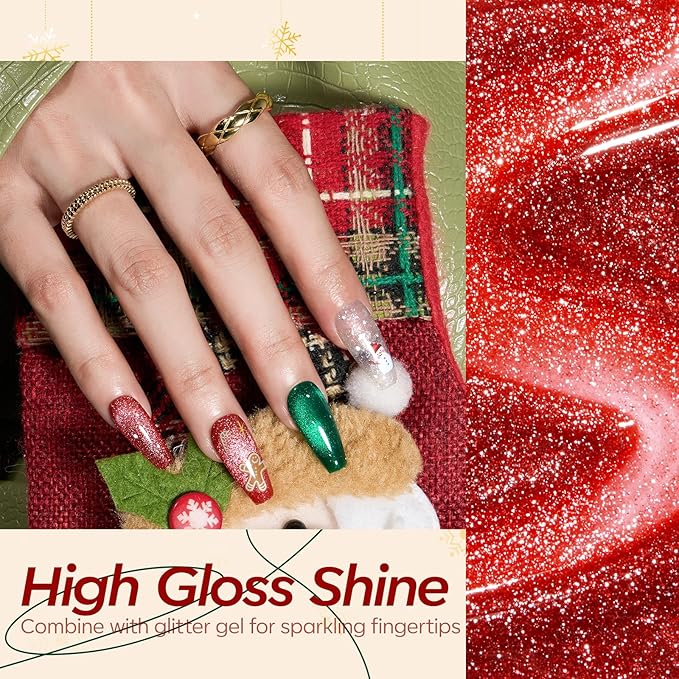 modelones Christmas Gel Nail Polish Set, 6 Colors Cat Eye Red Green Glitter Gold Silver Winter Gel Polish Kit with Magnet Nail Stickers Soak Off Led Nail Art Manicure Salon DIY New Year Holiday Gifts