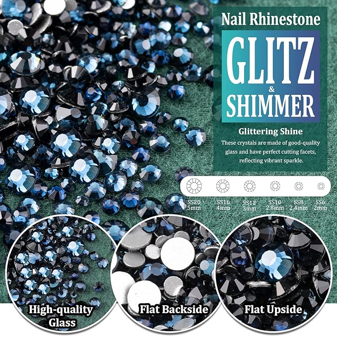 Multi Shapes Black Blue 3D Glass Crystal Nail Art Rhinestones Kit with Flatback Round Bead Charm Gem Stone Jewelry Diamond with Pickup Pen + Tweezer for Manicure Makeup DIY Craft Decoration