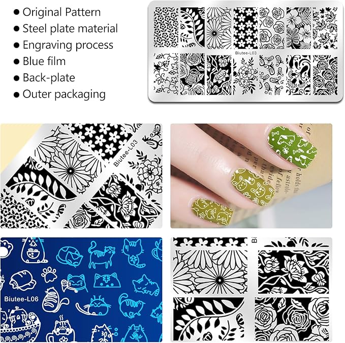 Biutee Nail Stamper Kit with Clear Stamper and Scraper, 10 Nail Stamping Plates and 8 Gel Stamping Polishes, UV Cure Required, Floral Animal Leaves French Nail Art Set for Beginners