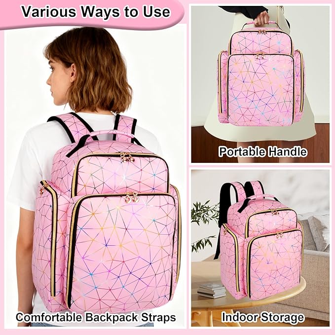 Nail Polish Organizer Backpack Holds 126 Bottles& Nail Lamp, Extra Large Nail Kit Supplies Organizer Bag with 3 Removable Cases, Portable Nail Organizers and Storage for Trave (PU Leather Pink)