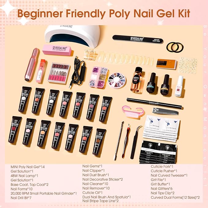 ROSALIND Poly Nail Gel Kit with Drill -14 Colors + 75 Nail Art Accessories Kit Nude Pink Series Poly Gel with Big Uv Light 48W and Electric Nail Drill Poly Nail Gel Starter Kit with Everything Gift