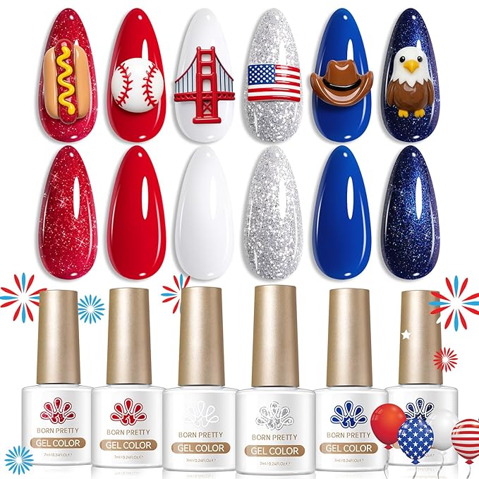 BORN PRETTY 4th of July Gel Nail Polish Set 6 Colors Navy Blue Red White Sliver Shimmer Glitter Gel Polish Soak Off U v Gel Polish Kit for Salon Manicure and Nail Art DIY at Home