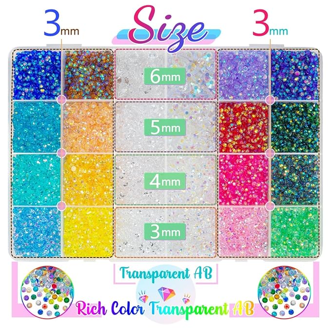 24000Pcs 18 Color 3mm Transparent AB Resin Rhinestones w B7000 Glue for Bedazzling Crafting Flatback Colorful Stones Crystals Gems Diamonds Charms for Nails Face Makeup Tumblers Bottles Crafts