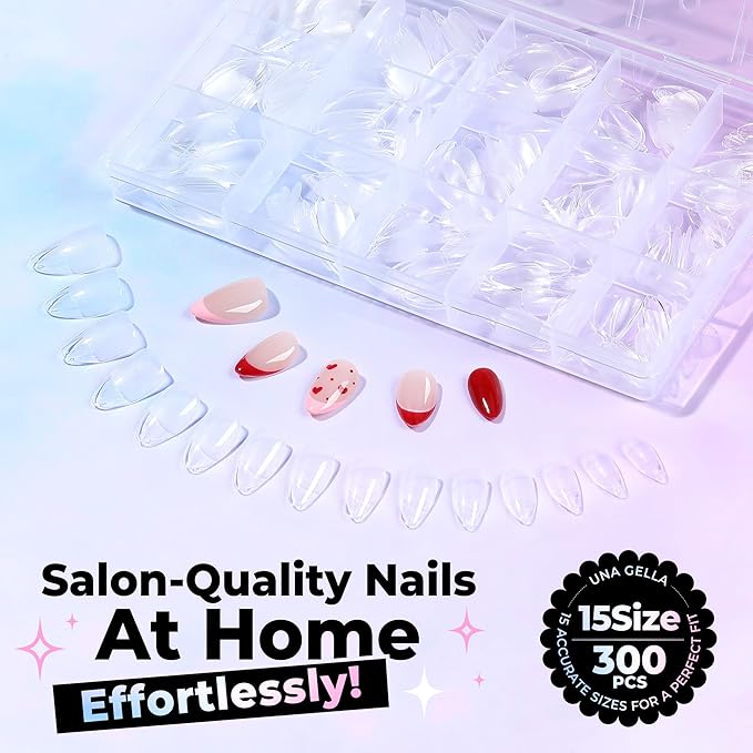 UNA GELLA Short Almond Nail Tips 15 Sizes 300PCS Pre-Etched Soft Gel Clear Nail Tips Easy DIY Salon Short Almond Press On Nails Snug Fit Acrylic Fake Tips Extensions Long-Lasting Hold