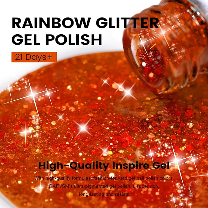 RARJSM Rainbow Glitter Gel Nail Polish Diamond Gel Polish Orange Red Big Flakes Sparkly Chunky Iridescent Pigments Nail Gelpolish Soak off L e d UV Curing Required for Nail Art Salon Manicure