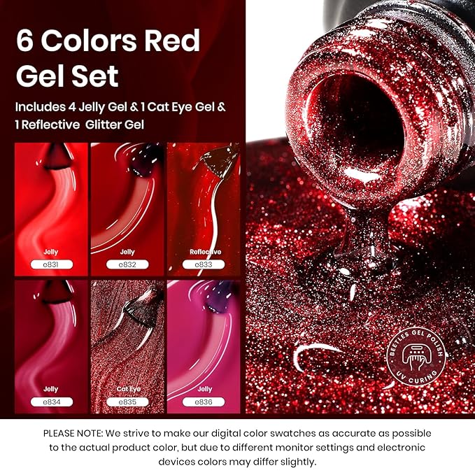 Beetles Red Gel Nail Polish Set, Gel Polish 6 Colors Cat Eye Glitter Burgundy Bright Jelly with Magnet, Soak Off LED Lamp DIY Salon at Home Manicure Gifts for Women Red Revival