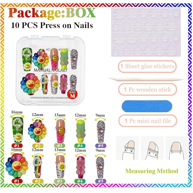 GREENTEA Handmade Rainbow Sunflower Press-On Nails Set, Decorative Rhinestone Design, Colorful Smiley Face Pattern, Size-M