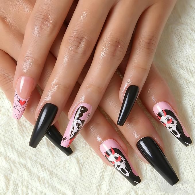 24pc Pink and Black Long Square Press On Nails with Blood Knife and Cobweb for Costumes, Reusable Nail Kit with Adhesive Tabs, 12 Sizes (Pink and Black)
