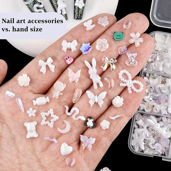 850 Pieces 3D Butterfly Rose Flower Bow Rabbit Bear Nail Charms Kit with Nail Art Rhinestones Pearls Crystal Gems Nail Slices for Manicure DIY Crafts Jewelry Accessories (White)