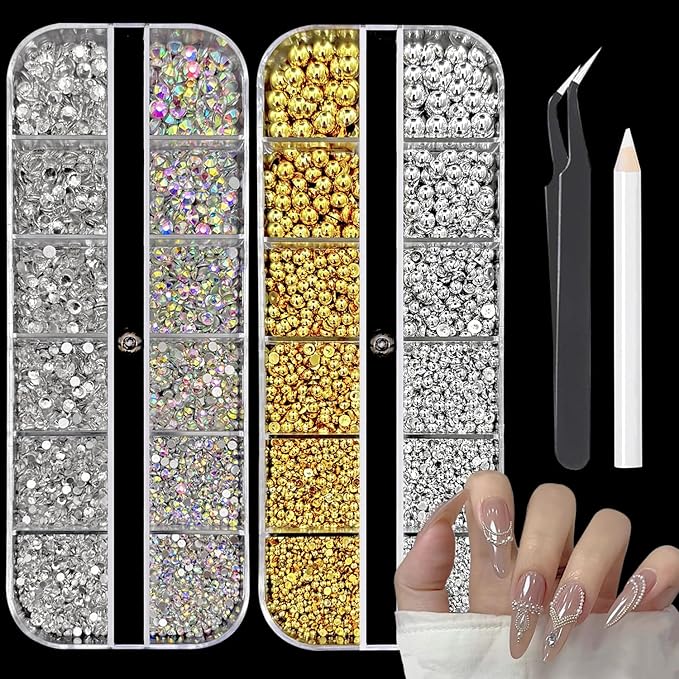 Nail Charms Jewels Manicure Kit with Pickup Pencil and Tweezers, Flatback Rhinestones and Flatback Sliver & Glod Half Round Beads Nail Gems for Nail Art Face Makeup and Manicure Decor