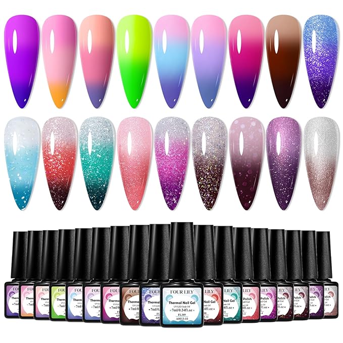 Color Changing Gel Nail Polish Set, 18 Colors Red Pink Glitter Blue Purple Mood Temperature Change Nail Polish Gel Set Soak Off Nail Art Gel DIY Salon Valentine's Day Manicure Gift