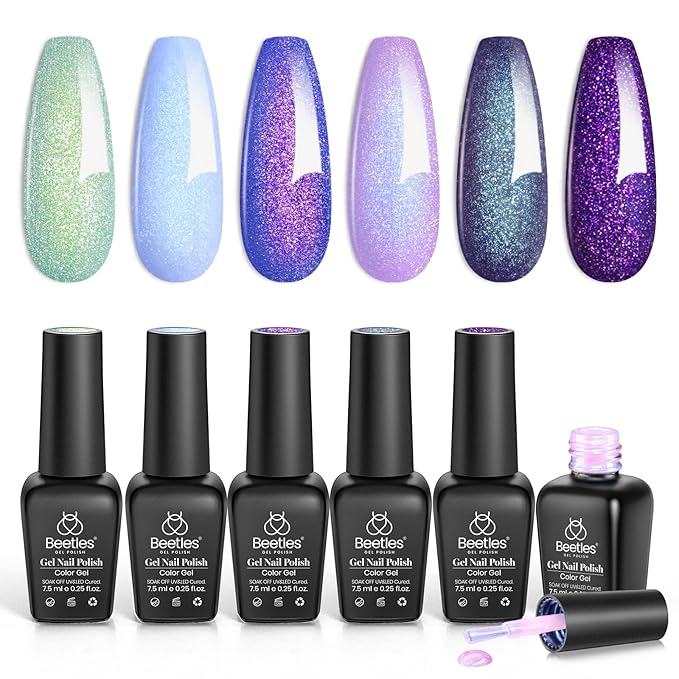 Beetles Glitter Gel Polish Set – Kaleido Galaxy 6 Colors Shimmer Chameleon Blue Green Purple UV LED Gel Nail Polish Sparkly Glitter Nail Gel Kit Nail Art Design Gel Spring Gifts for Women