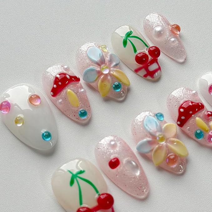 Luxury Press on Nails Short Almond Handmade 3D Unique Reusable ABS Material Fake Nails French Tip False Nails with Designs Mushroom Flower Glitter Glossy Glue on Nail Thick Acrylic Nail(M)