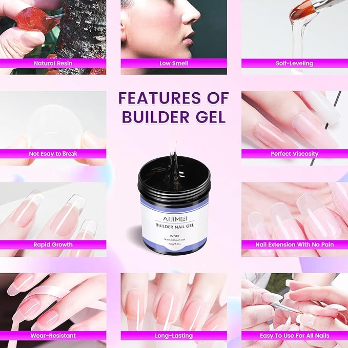 AIJIMEI Builder Gel Kit Clear Hard Nail Builder Gel Enhancement 10oz Extension Kit Nail Art DIY & Salon Use (Clear & Clear)