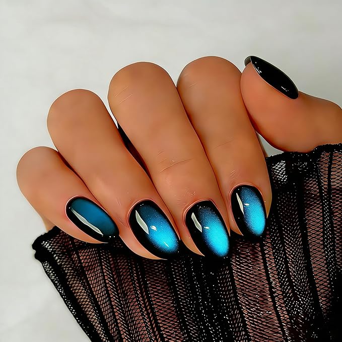 Cat Eye Press on Nails Short, Chrome Press on Nails Oval, Thick Glazed Black Baby Blue Fake Nails Press ons for Women Party Prom, Reusable Glitter Glue On Nails Almond in 15 Sizes, 30 Pcs