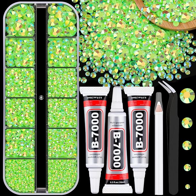 Resin Jelly Rhinestones for Crafting with B7000 Jewelry Glue, 1 Box Fluorescent Green AB Flatback Crystal with 3Pcs 10ml Glue, Bedazzling Non Hotfix Gems for DIY Tumblers Clothing Shoes Manicure