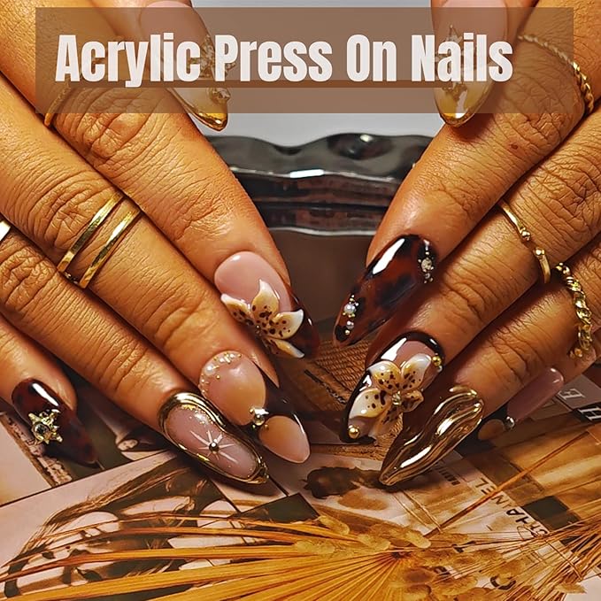 Handmade Acrylic Press On Nails Almond, Brown Press On Nails Medium, Flower 3D Nails French Tip Amber Gold Chrome For Women Gift, Reusable Stick On Fake Nails Kit With Nail Glue(Amber Bloom-M)