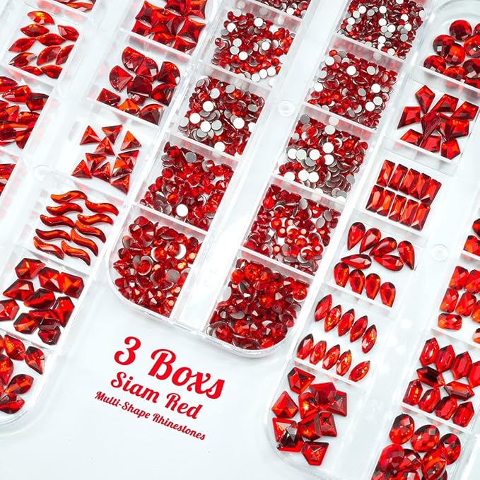 3 Boxes Siam Red Nail Rhinestones 240 Multi-Shapes Flatback Ruby Red Big Gems K9 Glass Round Stones Diamonds Jewels Crystals Nail Art Charms for Nails Face Eyes Makeup Crafts Tumblers Clothes