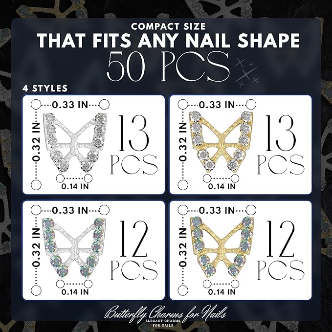 50 Pcs Silver & Gold Butterfly Nail Charms - Butterfly Charms for Nails with Sparkling Rhinestones, Detailed 3D Shape, Lightweight Alloy Build - Long-Lasting Shine Accessories for Eye-Catching Looks