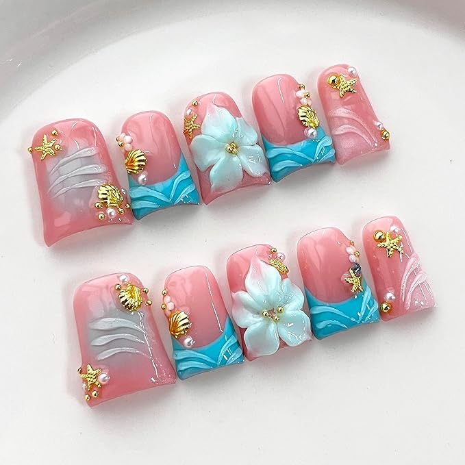 Luxury Press on Nails Short Duck Handmade 3D Unique Reusable ABS Material Fake Nails French Tip False Nails with Designs Flower Pearls Shell Blue Glossy Glue on Nail Thick Acrylic Nail(S)