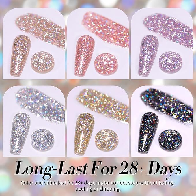 Born Pretty Glitter Gel Nail Polish, 6 Colors, Sparkle, Shiny, Disco Shine, UV Gel Nail Art Varnish, Manicure, DIY