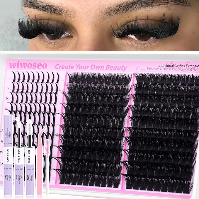 wiwoseo Lash Spikes Lash Clusters Kit Fairy Lash Clusters Eyelash Extensions Kit Spiky Eyelash Clusters Kit 100D+120D Fluffy Cluster Lashes Salon Lashes Clusters Kit with Clear Lash Bond and Seal