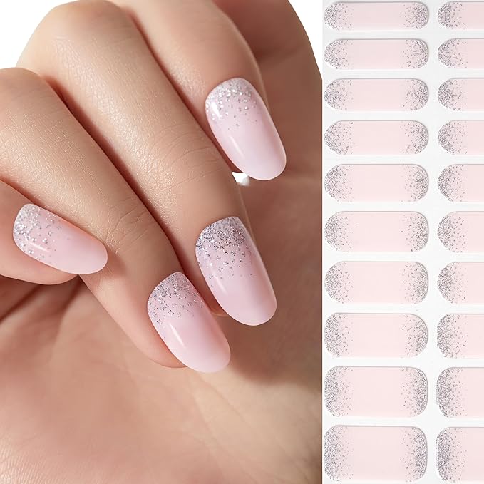 Semi Cured Gel Nail Strips - NAILOG 20 Pcs Pink Glitter Nail Stickers Extra Long Wraps with Glossy Gel Finishing for Spring Summer, Pearl Gleam