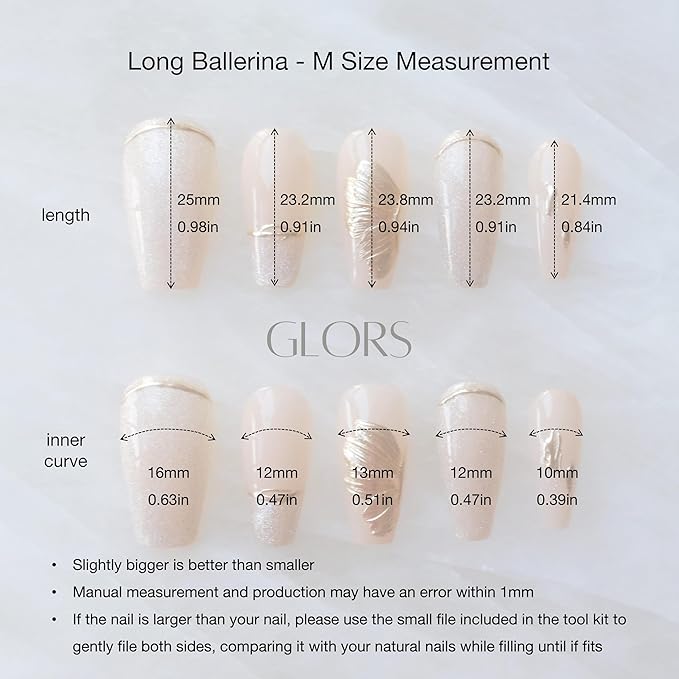 Press On Nails, Long Ballerina Style, Nude Pink with Gold Accents, 10 Pieces (Medium,LB)