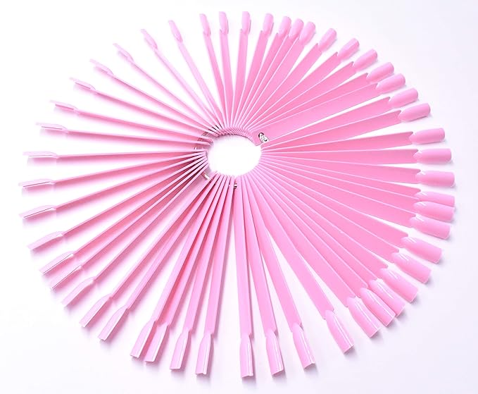 2 Sets 100 Tips Fan Shape Plastic Nail Art Tips Display Polish Board Display Practice Sticks with Metal Split Ring Holder (Pink)