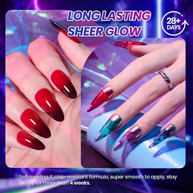 Beetles Vivid Noel Jelly Gel Nail Polish Set - 6 Colors Jelly Gel Polish Kit Pink Red Black Blue Green Purple Sheer Translucent Effect Soak Off UV DIY Home Salon Manicure Gift for Women